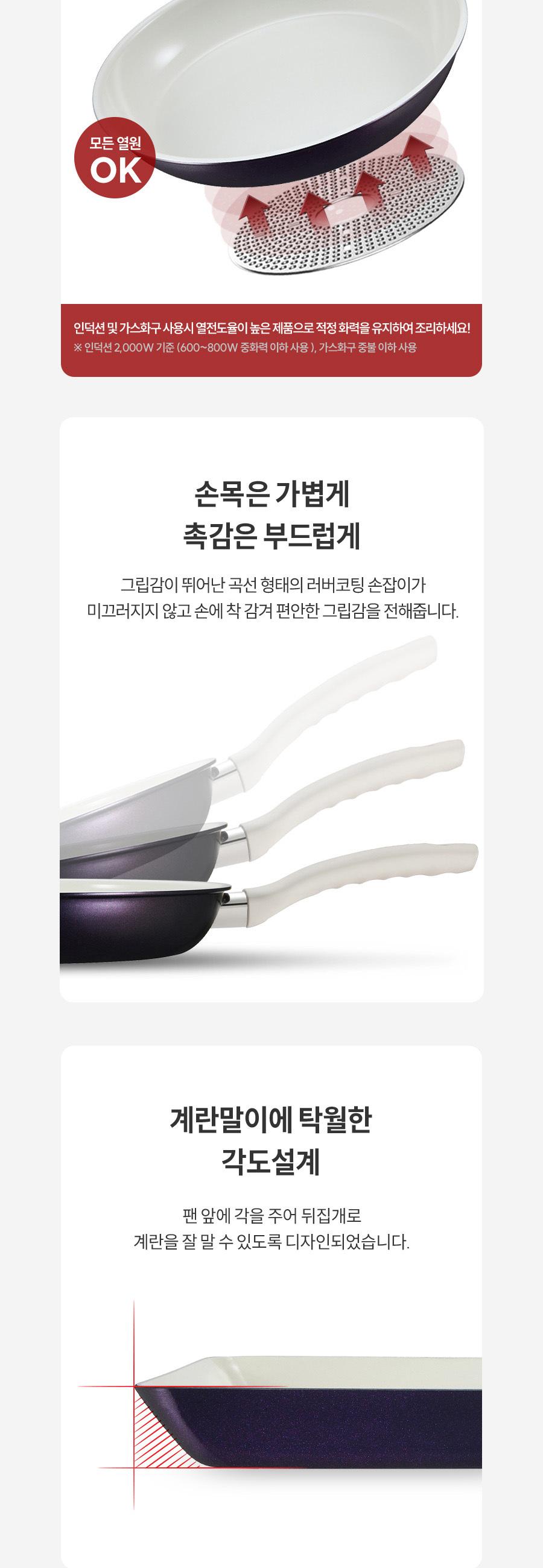 [해피콜] 사파이어 화이트 IH 프라이팬 4종A(계란말이팬+프28+궁28+유리뚜껑28) 상세 이미지 5