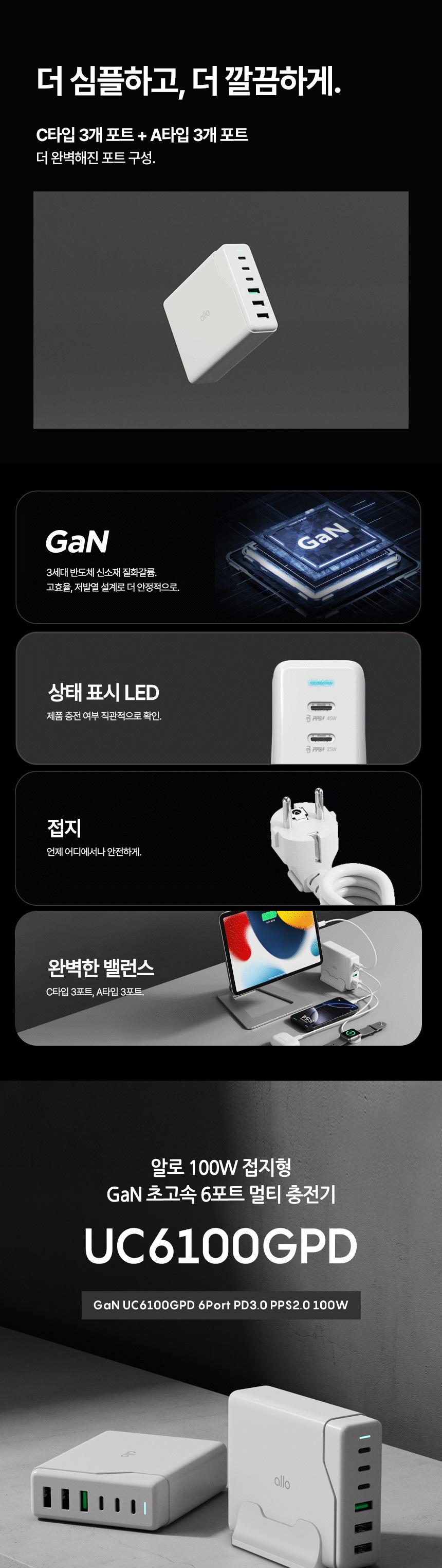 [알로코리아] 100W GaN 접지형 6포트 PD C타입 초고속 멀티 충전기 UC6100GPD 상세 이미지 2